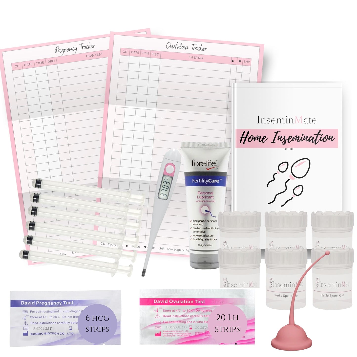 home insemination kit starter pack includes, insemination syringes, sperm cups, bbt, conception cup, home insemination guide and pregnancy and ovulation chat At Home Insemination Starter Kit