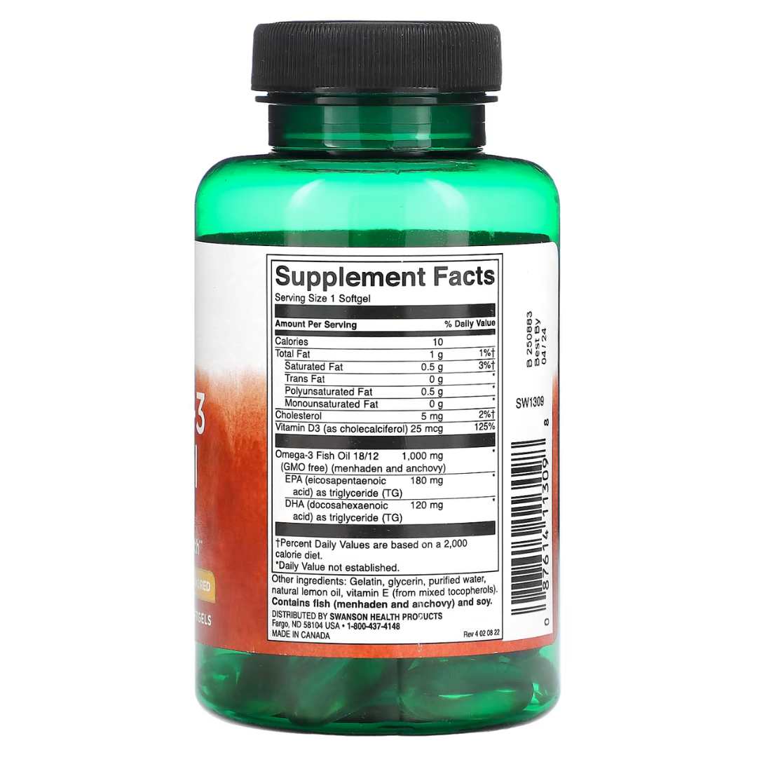 Omega-3-Fischöl mit Vitamin D, Zitrone, 1.000 mg, 60 Kapseln